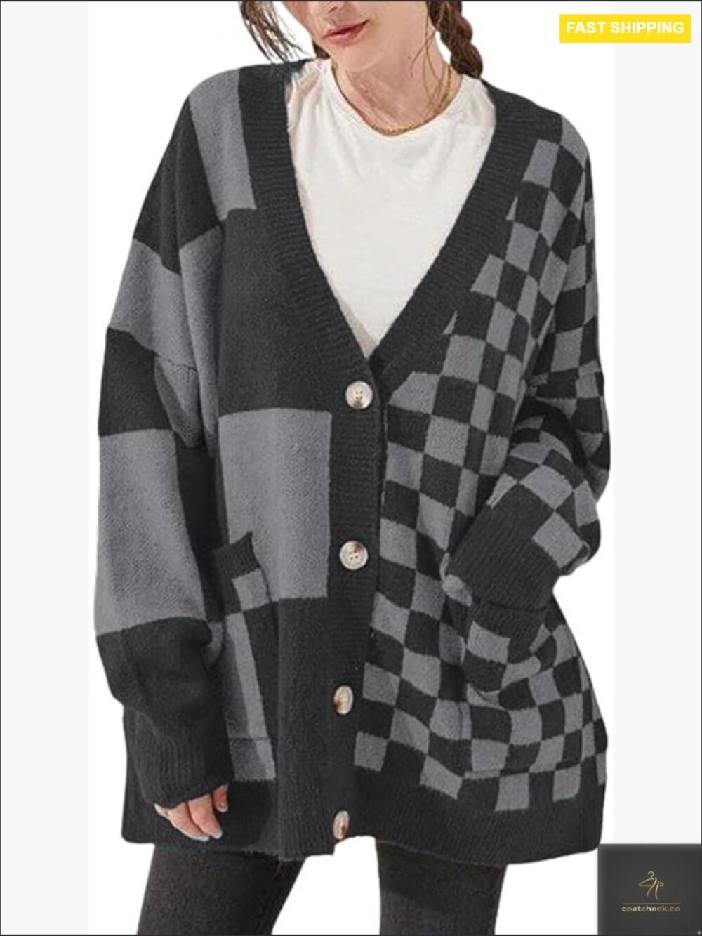 Slouchy Checkered Cardigan Oversized Open Front Plaid Knit Outwear Coat